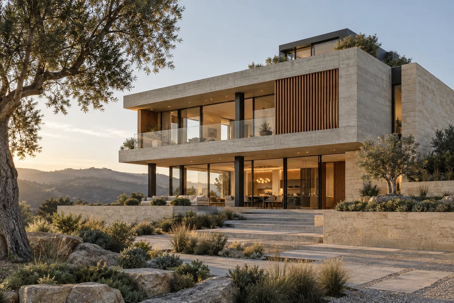 Architectural concept of a contemporary stone and timber residence with shaded terraces and a landscaped garden