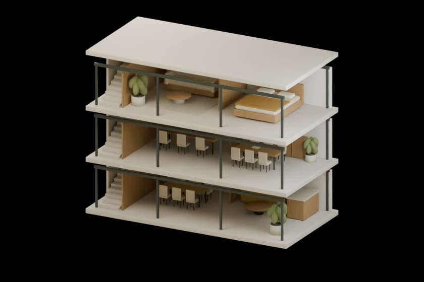 Conceptual three-level architectural cutaway showing a shared gathering space, workplace, and home, with the floors opened slightly to reveal the interiors